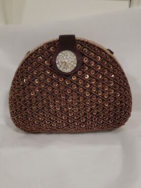 Brown Sequin Evening Clutch with Rhinestone Snap